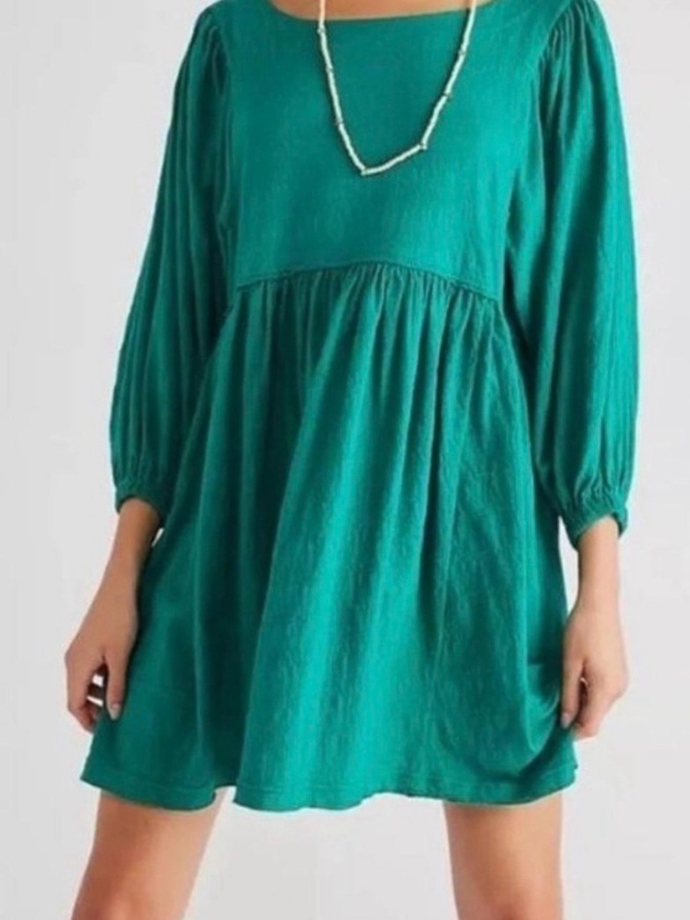 Free People FP Beach Emerald Green Babydoll Mini Dress Textured Keyhole‎ Back M